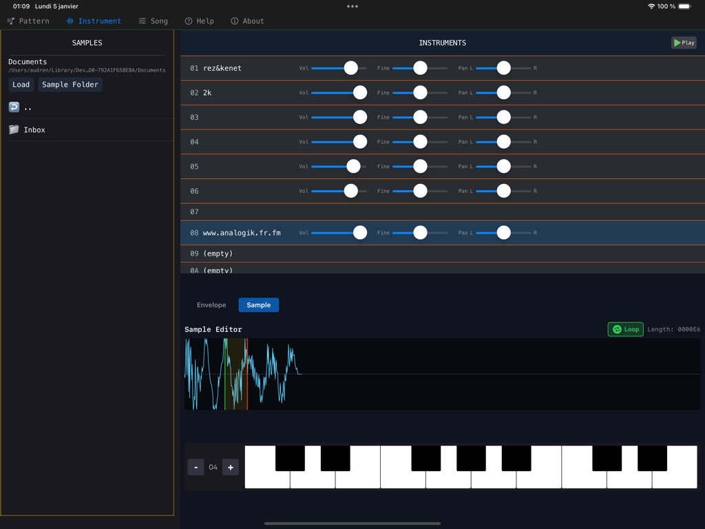 XM Zhootracker - Configuración de instrumentos e interfaz de editor de samples en la aplicación de música XM Zhootracker