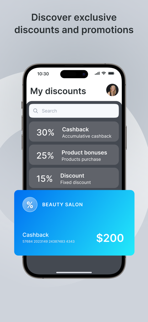 Altegio.me: your appointments - Altegio app display showing available discounts and cashback for beauty services