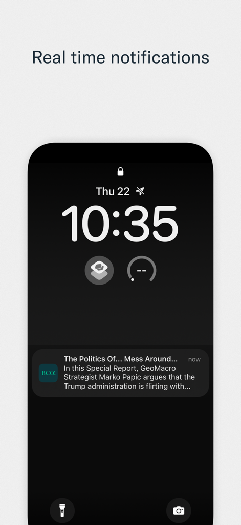 La pantalla de bloqueo de un teléfono inteligente que muestra una notificación push en tiempo real de la aplicación BCA Research sobre un informe especial de estrategia macro.