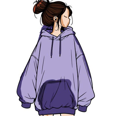 realistic girl with a oversized sweatshirt on and a bun