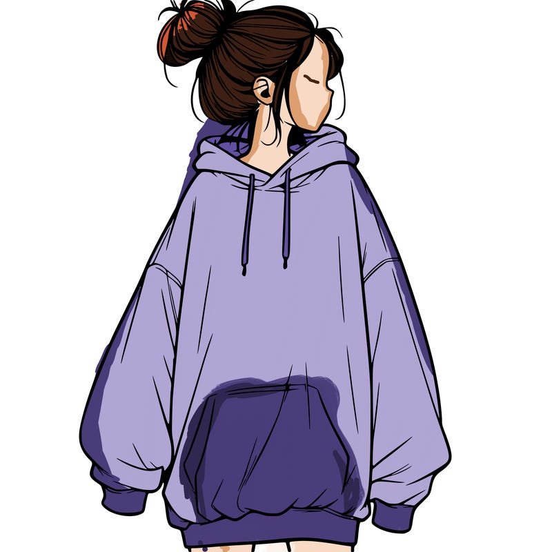 realistic girl with a oversized sweatshirt on and a bun