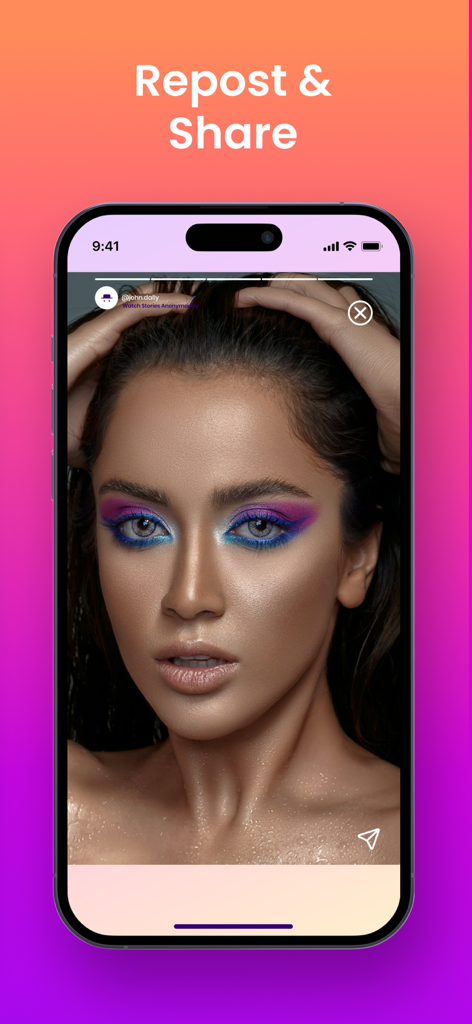 Tracker for Instagram MyFollow - Smartphone screen displaying a repost and share feature for social media stories.