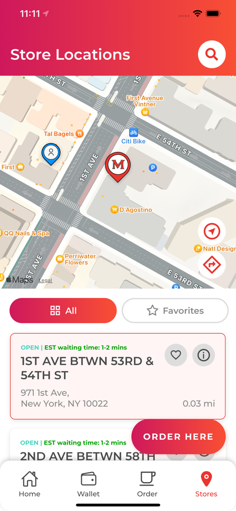 Matto Espresso - Tela do aplicativo Matto Espresso mostrando locais de cafeterias em um mapa em Nova York com tempos de espera estimados.