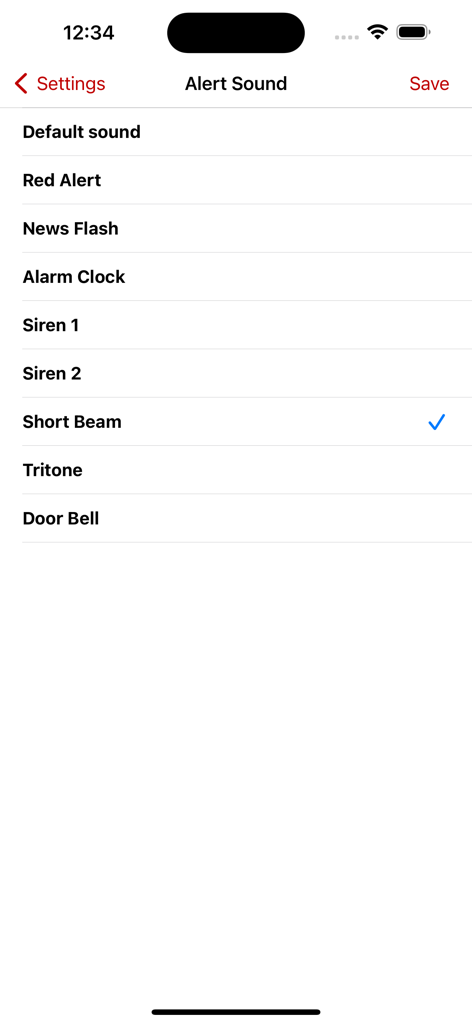 The alert sound settings screen of the Red Alert Israel app displaying a list of notification tones like Siren and News Flash.