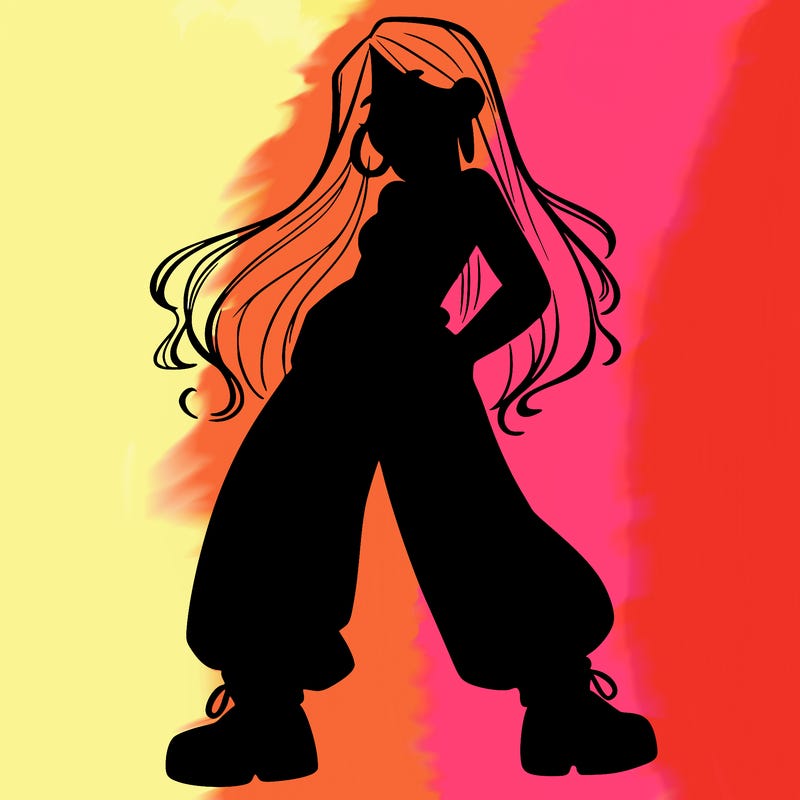 girl in baggy pants crop top and long hair