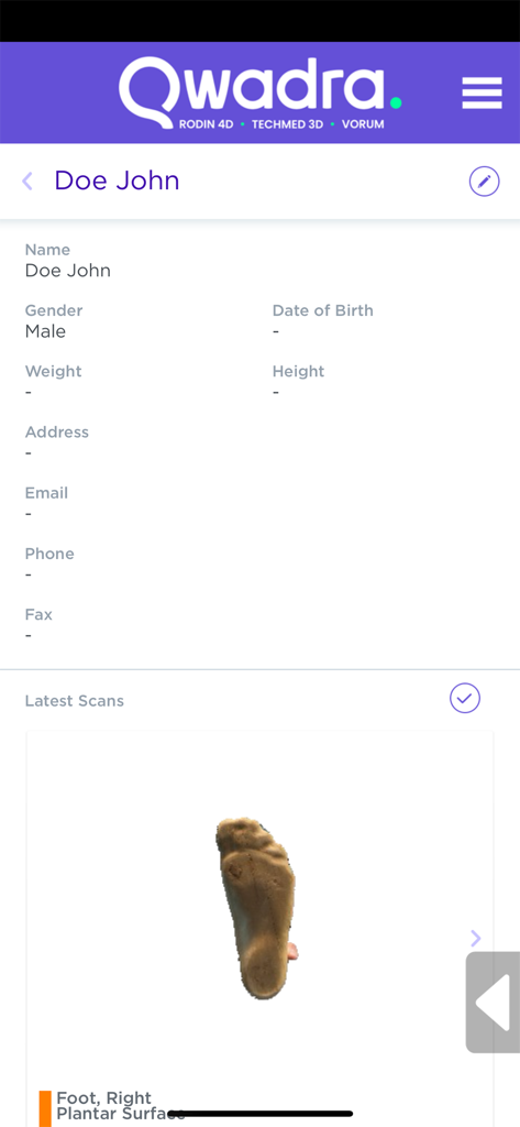 Patient profile and 3D scan of a right foot plantar surface in the 3DsizeME app