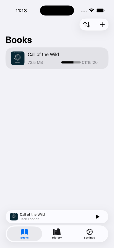 AudioBooks - MP3 & M4B player - Interface de la bibliothèque de l'application AudioBooks montrant le livre L'Appel de la forêt avec la progression de la lecture et un design épuré