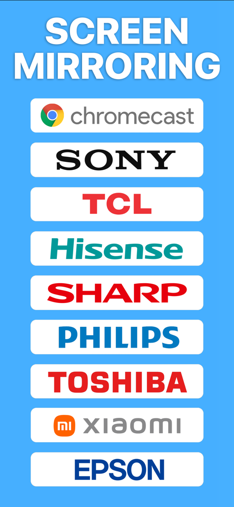 Liste kompatibler Smart-TV-Marken für Screen-Mirroring, einschließlich Chromecast, Sony, TCL und Hisense