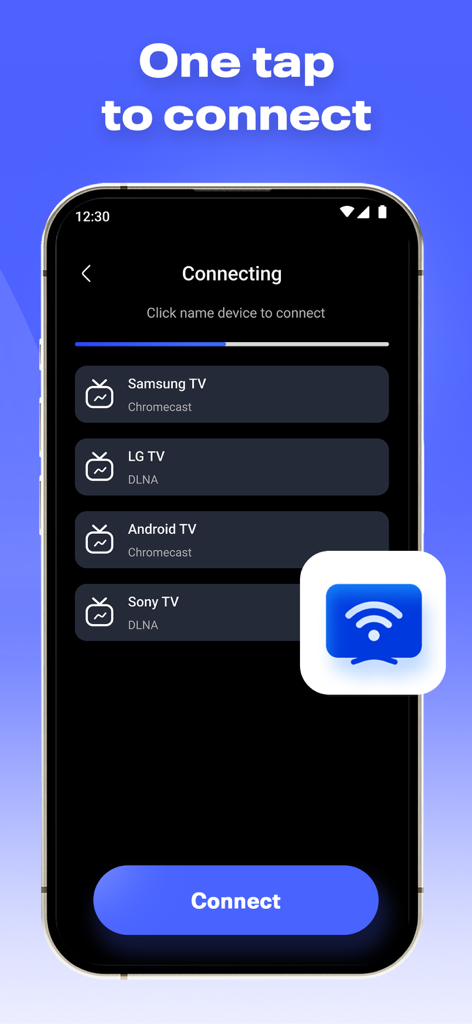 Cast Video/Photo/Music to TV - Smartphone app screen showing a list of available smart TVs to connect for video and photo casting