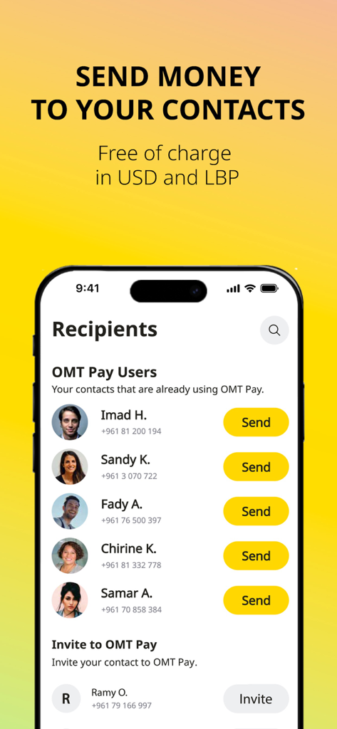OMT Pay - OMT Pay mobile app interface for sending money to contacts in USD and LBP