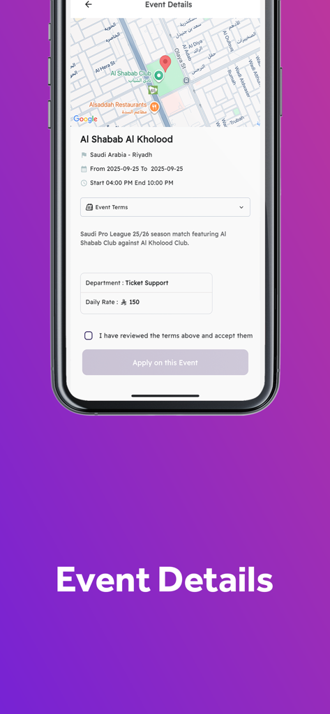 Smartphone screen displaying event details for a soccer match in Riyadh on the Event Masters app