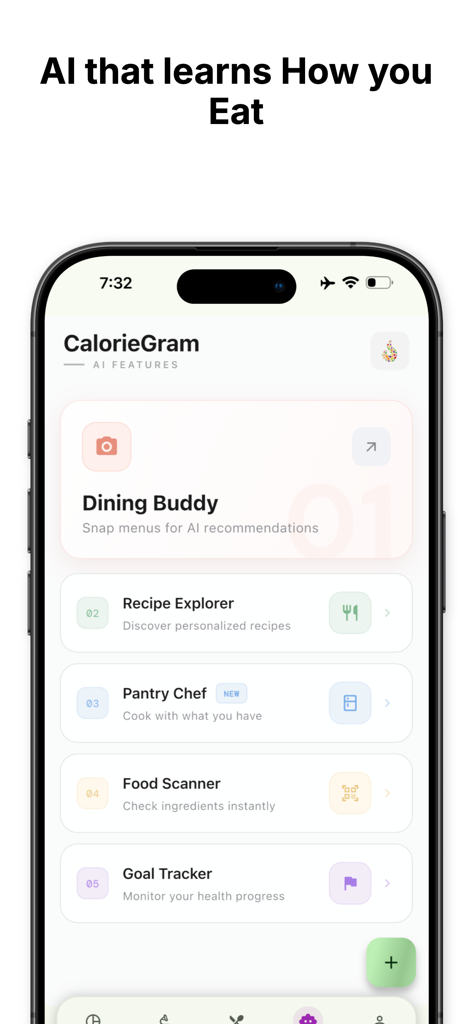 CalorieGram - Nutrition AI - Interfaz de la app CalorieGram mostrando características de IA, incluyendo Compañero de Comidas y Escáner de Alimentos.