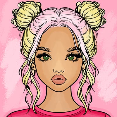 realistic girl with two buns in hair and lips