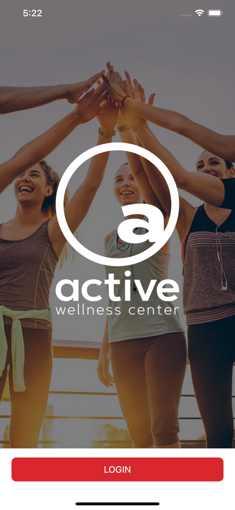 My Active App - Login screen of the My Active App featuring the Active Wellness Center logo and a group of fitness participants high-fiving.