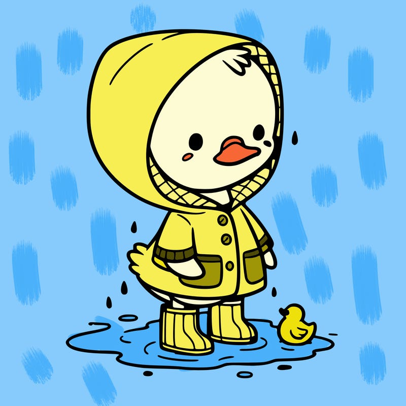 baby duck in a rain coat and boots, in a puddle while it’s raining