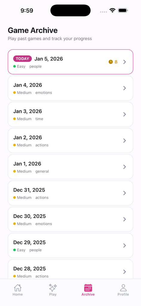 Semantix - Guess the Word - The Game Archive screen of the Semantix app displaying a history of daily word puzzles with dates and difficulty levels.