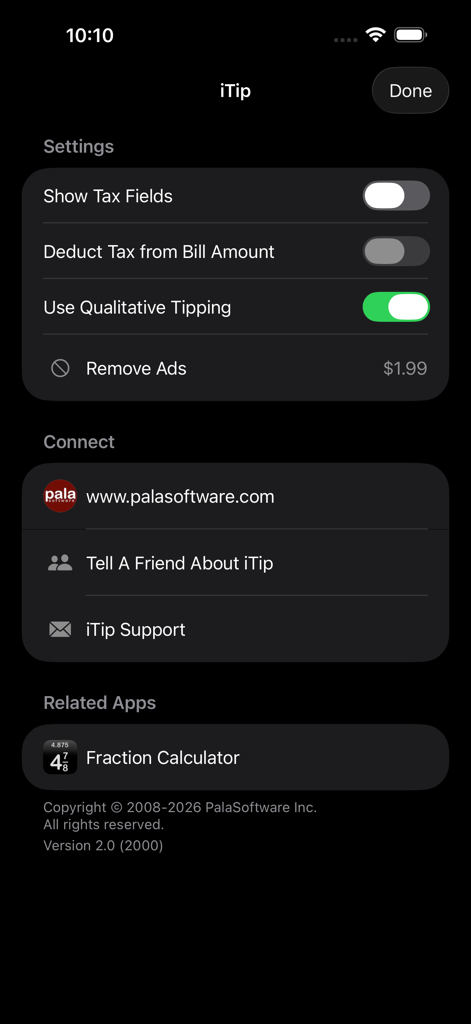 iTip Calcアプリの設定メニュー。チップ計算と税金計算のオプションが表示されています。