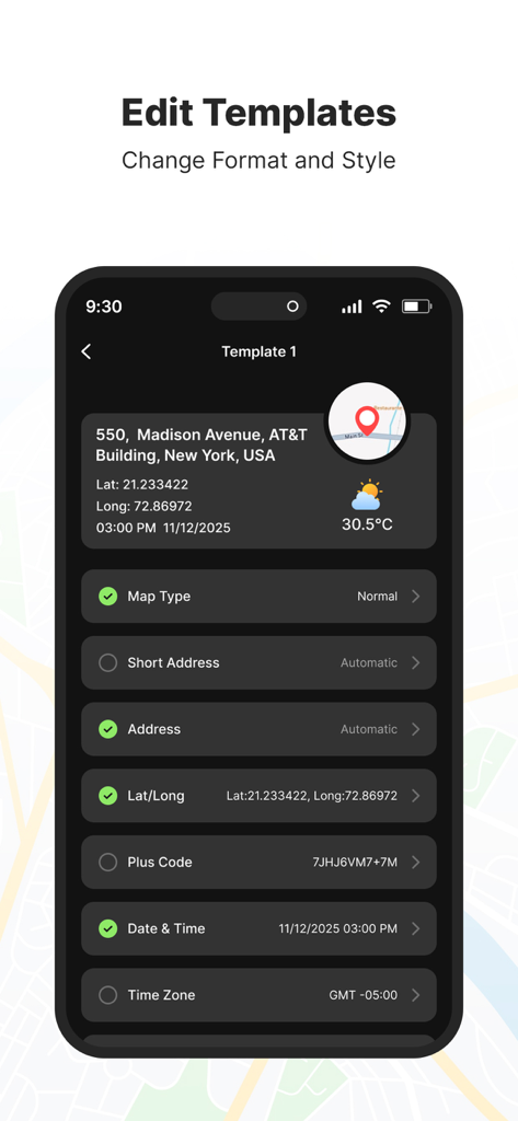 GPS Map Camera – GeoTag - 場所と時刻データを使用してGPS写真スタンプをカスタマイズするためのインターフェイス