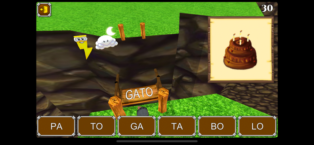 Cuca - クカアプリの教育ゲーム画面。キャラクターのフォコとクカ・フレスカが登場し、単語「ガト」の音節マッチングエクササイズが表示されます。