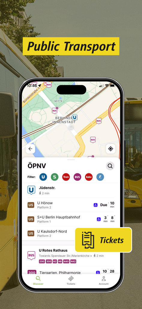 BVG Jelbi: Mobility in Berlin - BVG Jelbi app interface showing a map of Berlin with public transport departure times and ticket options.