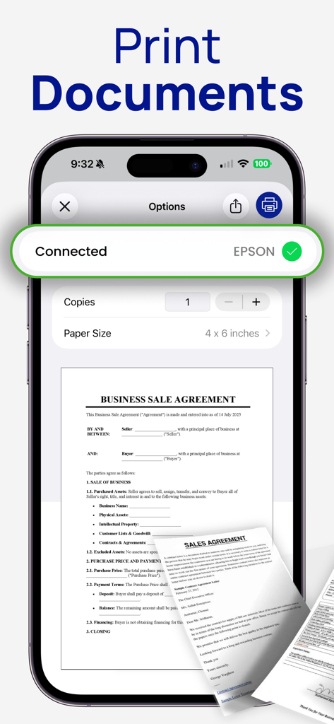 Mobile app interface showing print options for a business sale agreement on an Epson printer