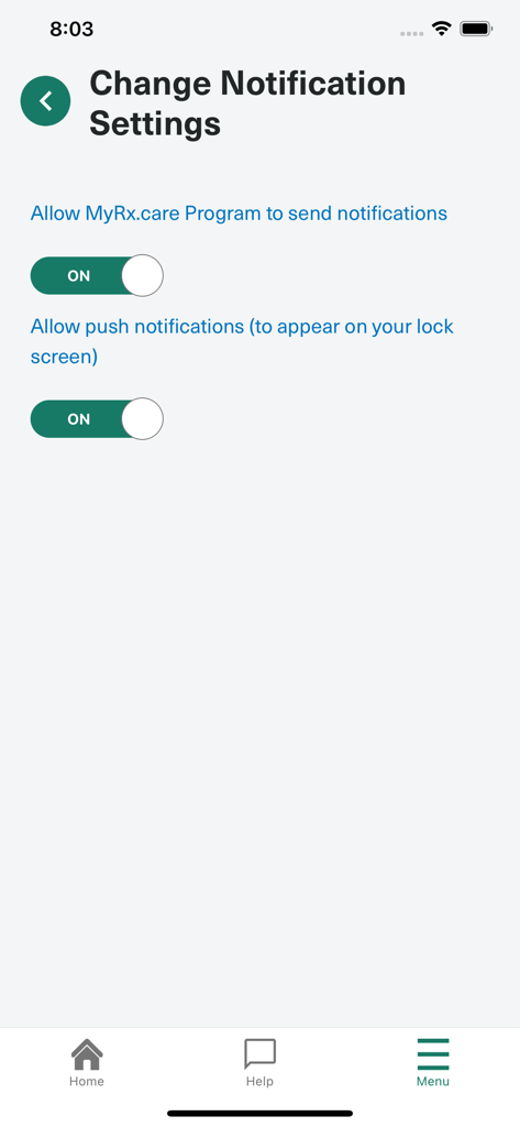 MyRx Care Support - Notification settings screen for the MyRx Care Support app showing toggles for program and push notifications.