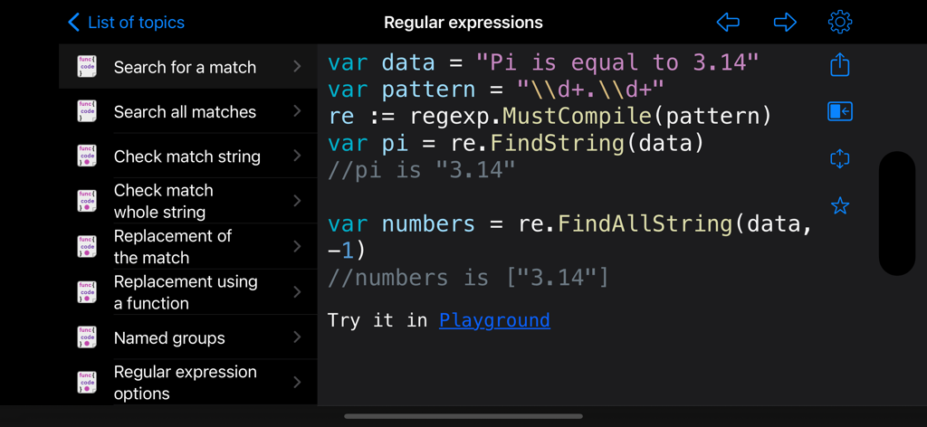 앱 인터페이스에 표시되는 Golang의 정규 표현식 코드 스니펫