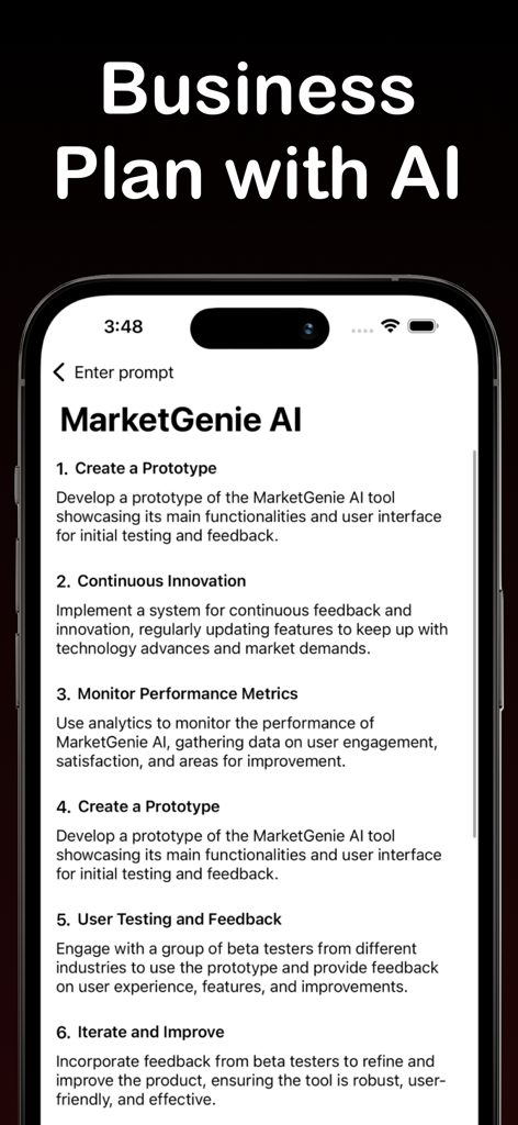 Presentation Maker - PresentAI - MarketGenie AI에 대한 AI 생성 비즈니스 계획을 번호 매기기 단계로 표시하는 모바일 앱 인터페이스