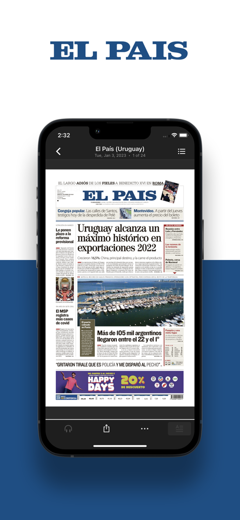 Digital replica of El Pais newspaper front page displayed on an iPhone screen