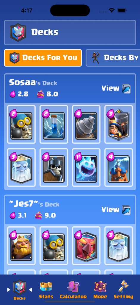 Deck Guides - Liste empfohlener Clash Royale Decks mit Kartenrastern und durchschnittlichen Elixierkosten