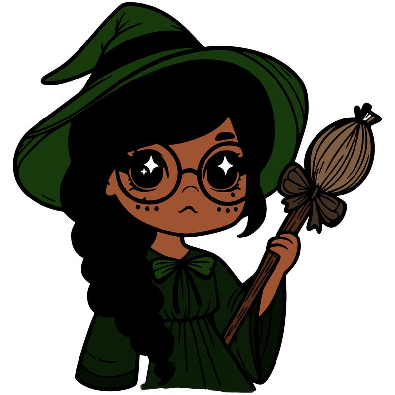 a witch with a braid and two glasses