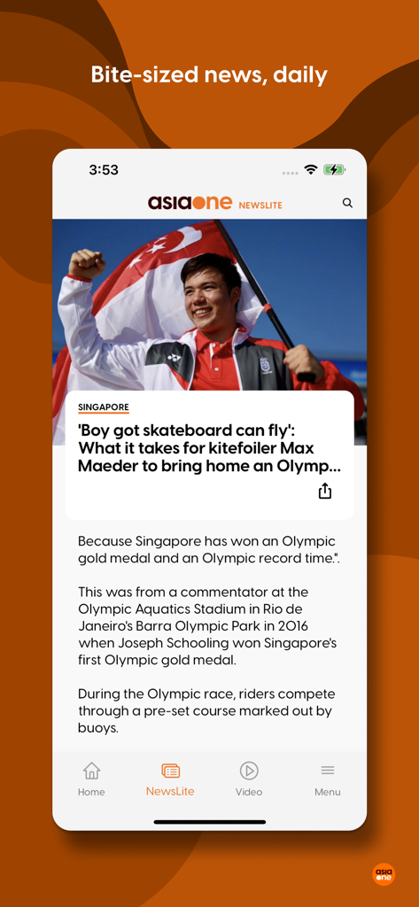 Schermata dell'app AsiaOne NewsLite con un articolo su un atleta olimpico di Singapore.