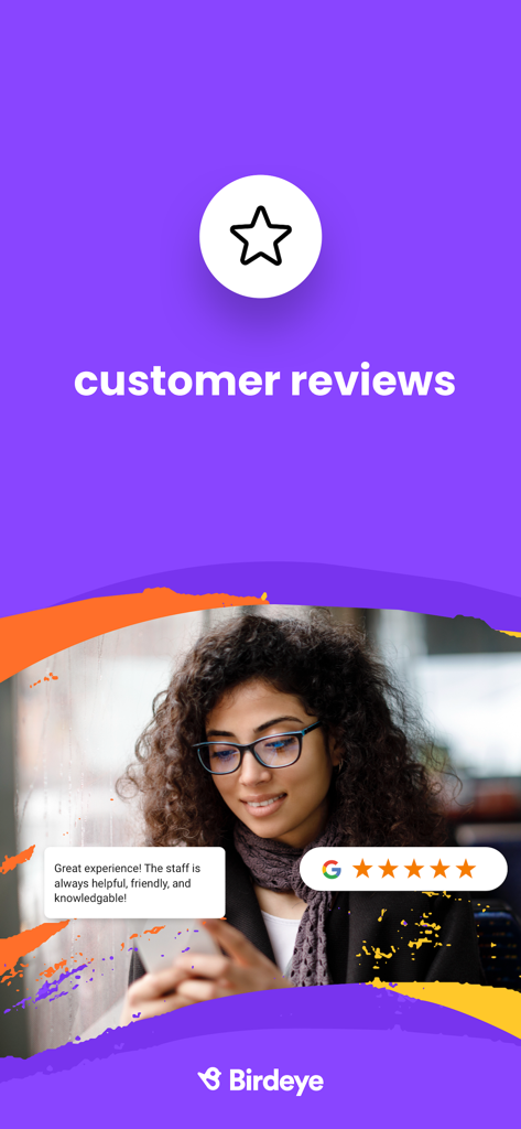 Affichage de l'application Birdeye montrant les avis clients avec une note Google cinq étoiles et un témoignage positif.