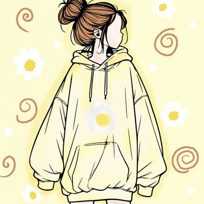 realistic girl with a oversized sweatshirt on and a bun