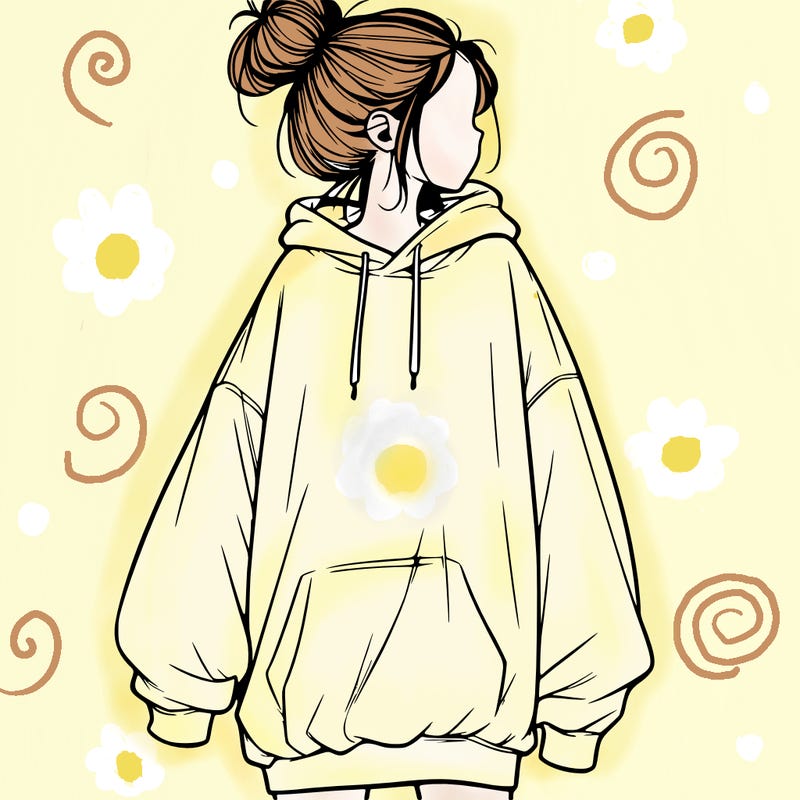 realistic girl with a oversized sweatshirt on and a bun