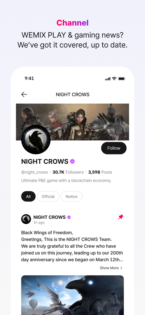 WEMIX PLAY mobile app interface showing a dedicated news and community channel for the game Night Crows