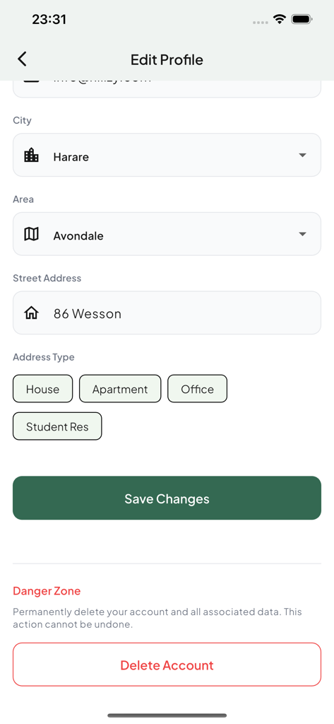 MOBIS Delivery - Tela Editar Perfil no aplicativo MOBIS Delivery mostrando campos de endereço para Harare e opções de gerenciamento de conta