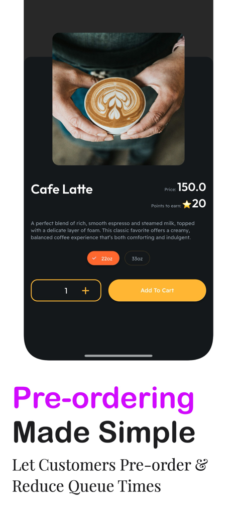 Interface of Hi Perks app showing coffee pre-ordering and loyalty points rewards