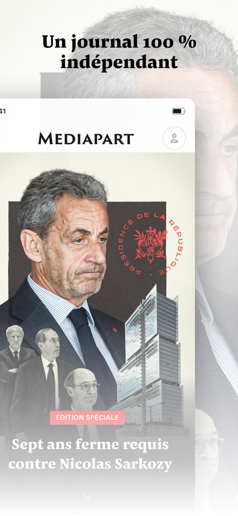 Mediapart, journal indépendant - ニコラ・サルコジに関する調査特別版レポートを表示するMediapartアプリのスクリーンショット