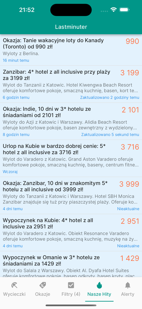 A list of travel deals in the Lastminuter mobile app showing destinations like Zanzibar, India and Cuba with prices and hotel details.