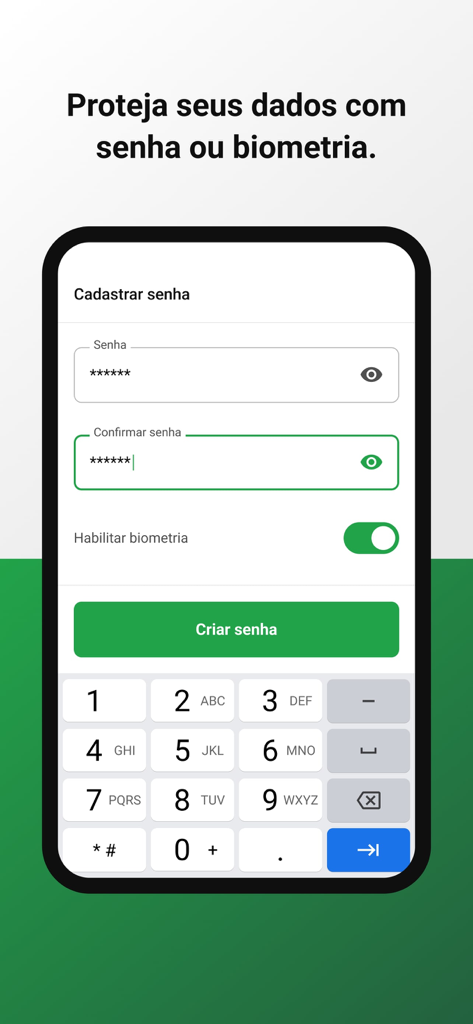 RG Nacional GO - Security setup screen in the RG Nacional GO app showing password creation fields and a toggle for biometric protection