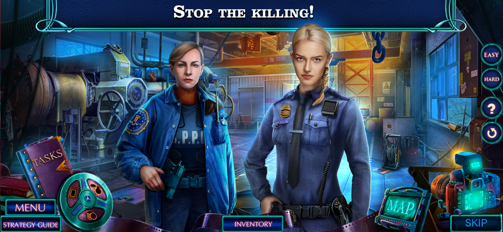 Fatal Evidence 4 - F2P - Two female investigators standing in a workshop in the hidden object puzzle game Fatal Evidence 4