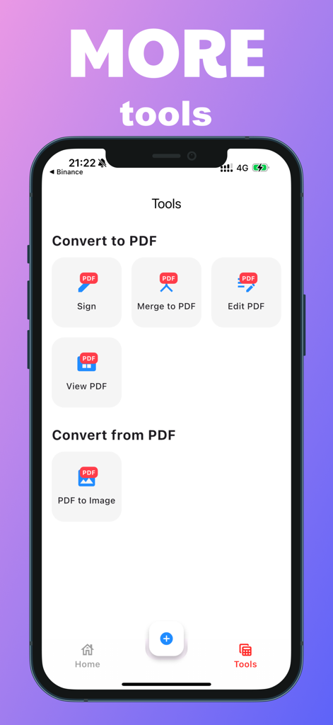 PDF Editor - Edit, Sign, Read - 署名、マージ、編集、変換ドキュメント用のPDFツールを表示するモバイル画面。