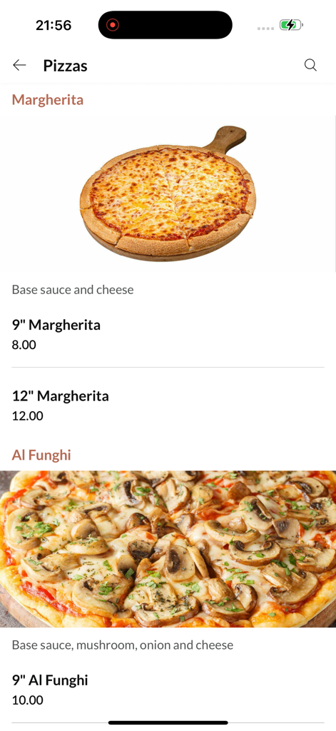 Flames Kebabs - Flames Kebabs app pizza menu featuring Margherita and Al Funghi pizzas with photos and prices