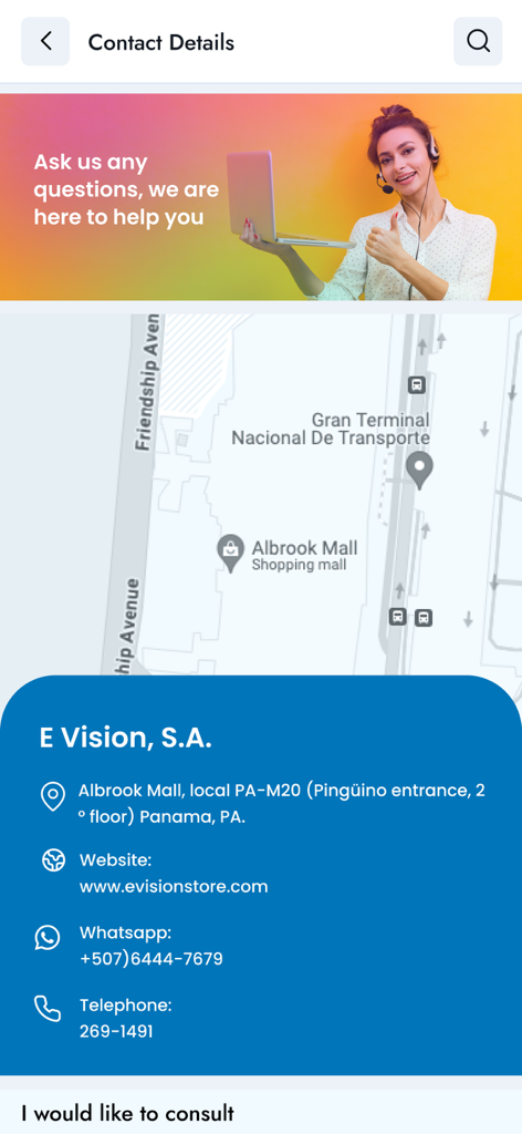 Pantalla de contacto de la aplicación E Vision con la ubicación de la tienda en Panamá e información de contacto de atención al cliente.