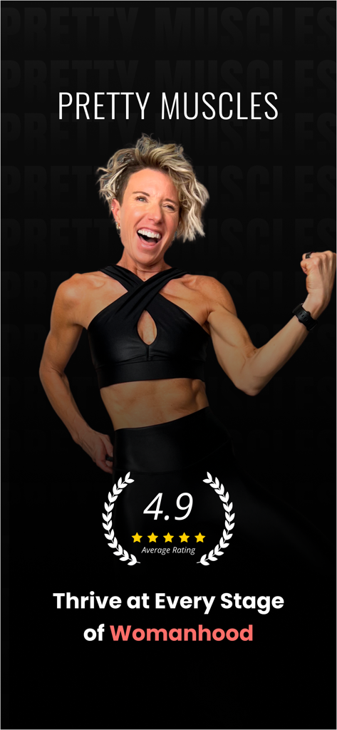 PRETTY MUSCLES by Erin Oprea - Erin Oprea flexing her muscles on the Pretty Muscles fitness app home screen with a 4.9 star rating.