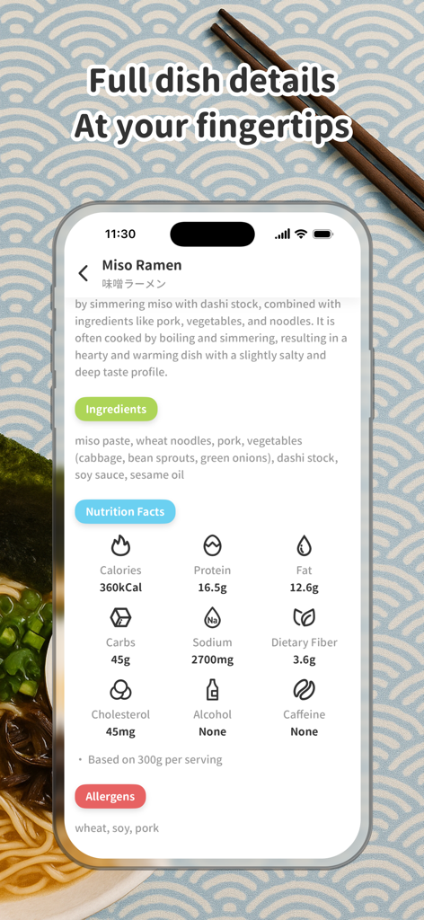 Menuie: AI Menu Translator - Aplicación Menuie mostrando detalles nutricionales, ingredientes e información sobre alérgenos para Ramen Miso.