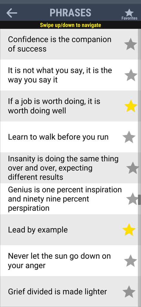 A list of solved English phrases and proverbs with favorite markers in the Guess the Phrase app