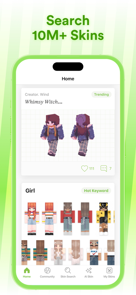 Skinseed app home screen showing trending Minecraft character skins and a library of over 10 million options