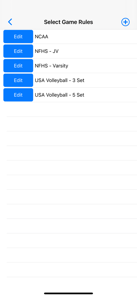 Volleyball Scorebook + Stats - Screen to select volleyball game rules including NCAA and NFHS options.